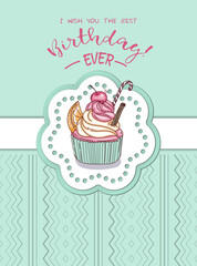 Greeting card I wish you the best Birthday ever with cupcake in vintage style made in romantic pastel colors 