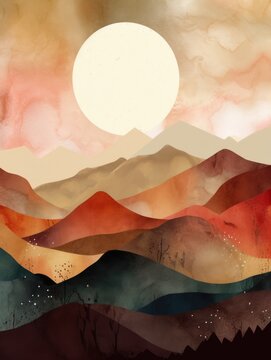 Watercolor, Minimalist Boho Landscape, with Mountains, Moon, clouds, trees, road. Generative AI. Art Print Poster. Abstract Printable Poster