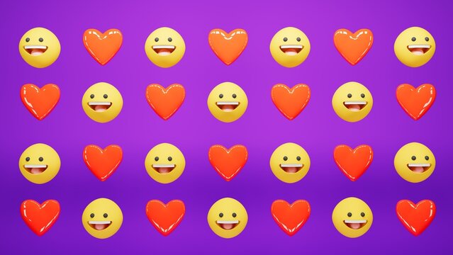 group of smile and heart emoticon on purple scenery, 3d illustration
