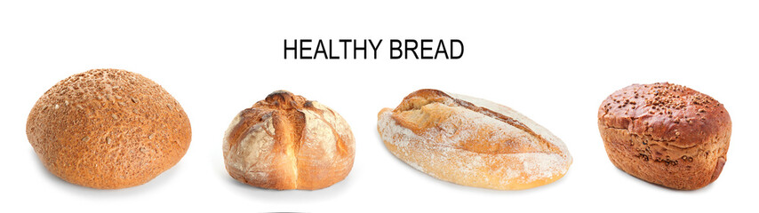 Banner with assortment of healthy bread on white background