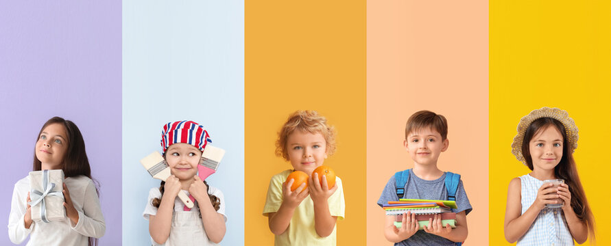 Group of little children on color background