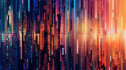 This abstract background image features a glitch effect that gives it a digital, futuristic look. The image has a color scheme of blue, purple, and pink with distorted lines and shapes