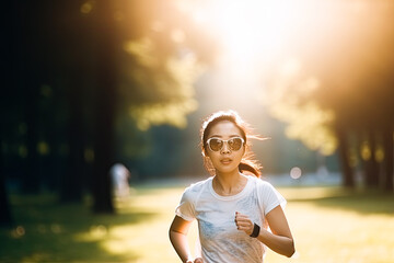 Fototapeta na wymiar Asian woman with sunglasses running in the park or outdoors. Generative AI