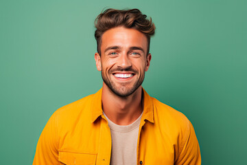 Obraz premium Enthusiastic Man Portrait: Joyful Winner with Dynamic Poses and Excitement, Trending Model Smiling and Emotionally Gesturing on Colorful Design Background