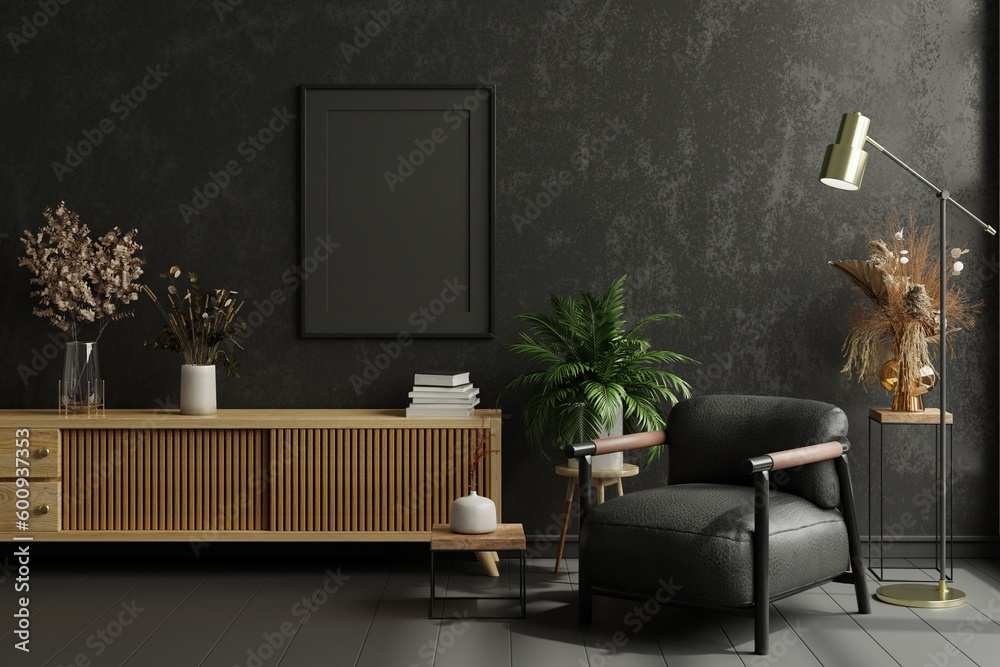 Wall mural Picture frame mockup in dark tones with leather black armchair and decoration minimal.3d rendering