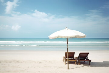 Fototapeta na wymiar Beautiful beach with white sand, chairs and umbrella, beautiful beach landscape