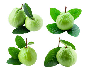 set of guava and green leaves isolated. Generative Ai