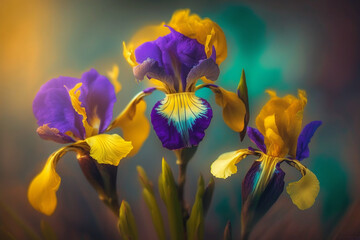 Fresh spring yellow and violet Iris flower blooming with blur background. Generative AI