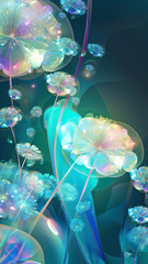 Glowing crystal flowers, concept illustration, dreamy color background