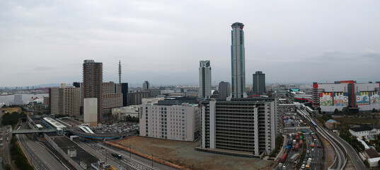 航空撮影した大阪市の住之江区の都市景観の風景