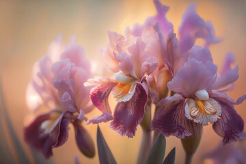 Obraz na płótnie Canvas Fresh spring rose gold and pink Iris flower blooming with blur background. Generative AI