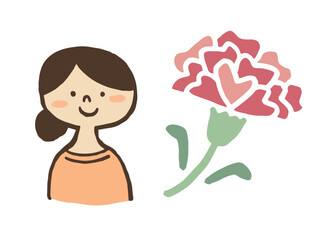 かわいいお母さんとカーネーション／手描きイラスト素材