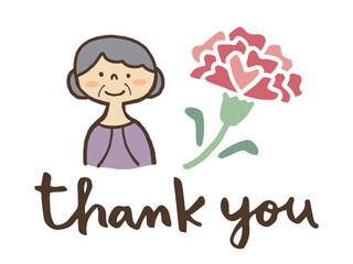 かわいいおばあさんとカーネーションとThankyouの文字／手描きイラスト素材