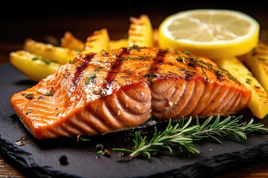 Grilled Salmon Steak with French fries. Generative AI