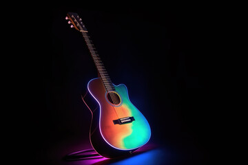 Obraz na płótnie Canvas Colorful neon guitar for music festival stage show. Generative AI
