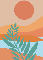 Fototapeta na wymiar drawing of a plant in the foreground. Behind the river and the sun in pastel shades. Poster style