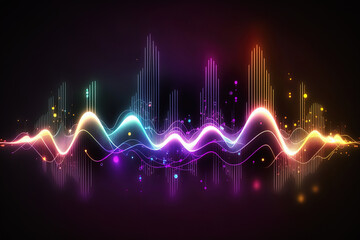 Sound wave, music audio frequencies concept. Abstract background, neon colors. Generative AI - obrazy, fototapety, plakaty
