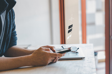 Fototapeta premium Fingerprint scanning and biometric authentication, processing of biometric for access personal data. surveillance and security scanning of digital programs cyber futuristic applications