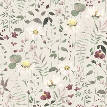 Vintage floral seamless pattern of wildflowers, abstract branches and green leaves, watercolor illustration for textile, wallpapers or floral background. Delicate nature decorative texture.