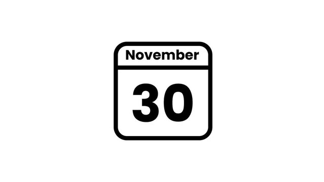 30 November calendar icon animation. Luma matte with transparent background 4K resolution