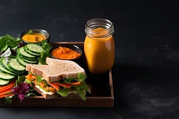 Lunch box with sandwiches, vegetables and juice. Top view with copy space.