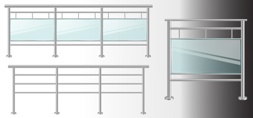 set mockup glass railing with fence section isolated - 3d illustration