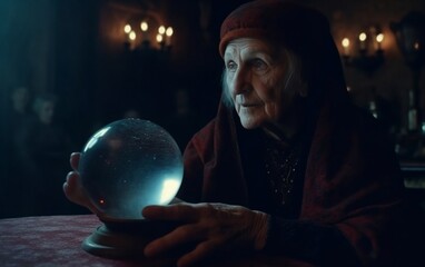 Fortune teller old woman holds a magic cristal ball in her hands created with Generative AI technology