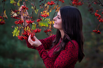 Young smiling woman picking red berries on the tree
