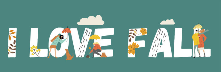 People with umbrellas under the rain. Autumn collection. Flat vector illustration. Horizontal banner, text composition.