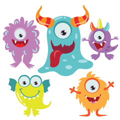 Funny colorful monsters set vector cartoon illustration