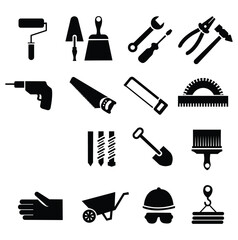 cordless drill, hand saw, spatula, paviConstruction tool icon collection - vector illustration.Solid Black Vector Icon Set - paint roller vector, repair key, safety pin, building trowel, small tools,
