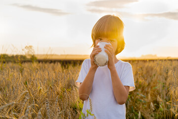 a little blond boy on a rye field at sunset, a happy child with a glass of milk, a harvest of grain...