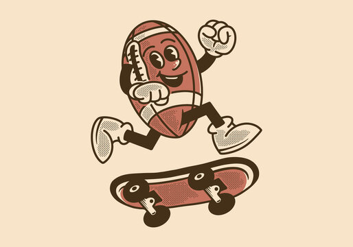 Mascot character design of american football ball jumping on skateboard