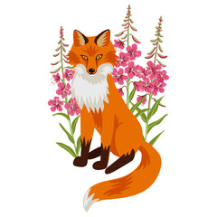 Obraz premium vector drawing fox with red fireweed flowers, hand drawn animal isolated at white background , cartoon style character