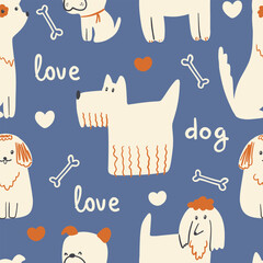 Dogs seamless pattern. Cute animals in simple naive hand-drawn Scandinavian trendy cartoon style. Ideal for a nursery, baby clothes, textiles, packaging.