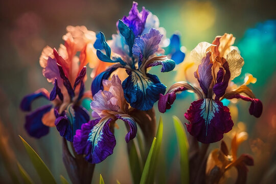 Fresh spring colorful Iris flower blooming with blur background. Generative AI