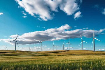 Wind turbines on a open field , green energy environment , AI Generated