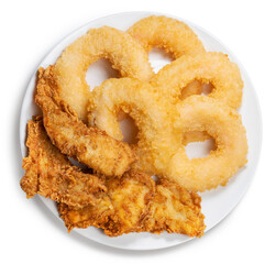Fried shrimp donut and Crispy Fried Chicken Breast Cutlets in white plate isolated on white background, Fried Chicken and shrimp donut on white With clipping path.