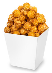 Chocolate Popcorn in white paper cardboard bucket isolated on white background, Chocolate Mushroom Popcorn on white With work path.