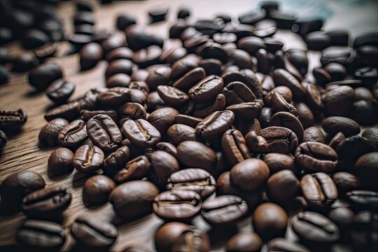 Close up Stock Photo of Coffee Beans on Table. Aromatic Roasted Espresso in Dark Roast Arabica Beans in Coffee Shop. Generative AI illustrations.