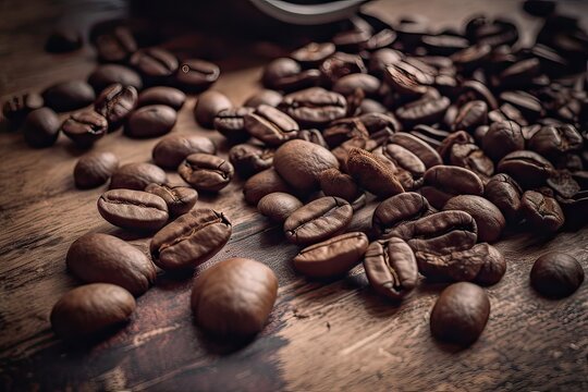 Close up Stock Photo of Coffee Beans on Table. Aromatic Roasted Espresso in Dark Roast Arabica Beans in Coffee Shop. Generative AI illustrations.