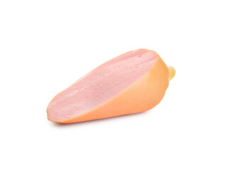 Slice of tasty boiled sausage on white background