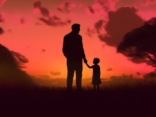 Fototapeta premium Man taking the hand of his child in the sabana