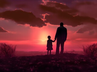 Man taking the hand of his child in the sunset