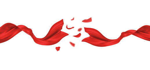 Grand opening design of red luxury fabric ribbon isolated on white background 3d render