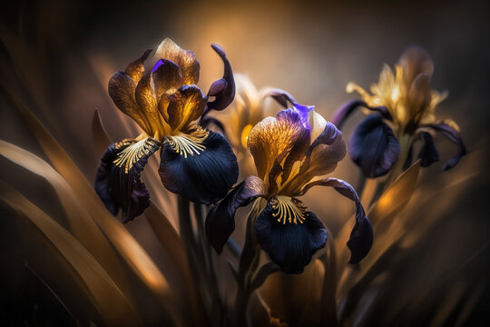 Beautiful gold and black Iris flower with bokeh background. Generative AI