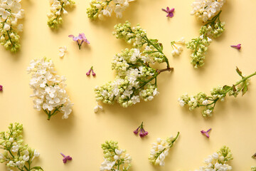 Obraz na płótnie Canvas Blooming lilac flowers on beige background