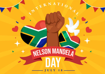 Happy Nelson Mandela International Day Vector Illustration on 18 July with South Africa Flag in Flat Cartoon Hand Drawn Landing Page Templates - obrazy, fototapety, plakaty