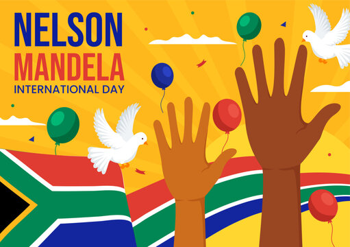 Happy Nelson Mandela International Day Vector Illustration on 18 July with South Africa Flag in Flat Cartoon Hand Drawn Landing Page Templates