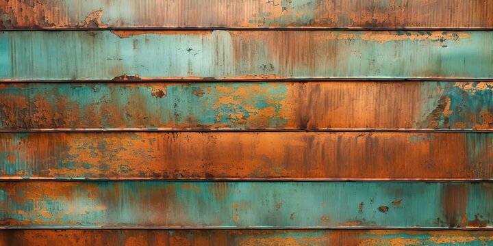 Old grunge copper bronze rusty texture background. Distressed cracked patina siding.	